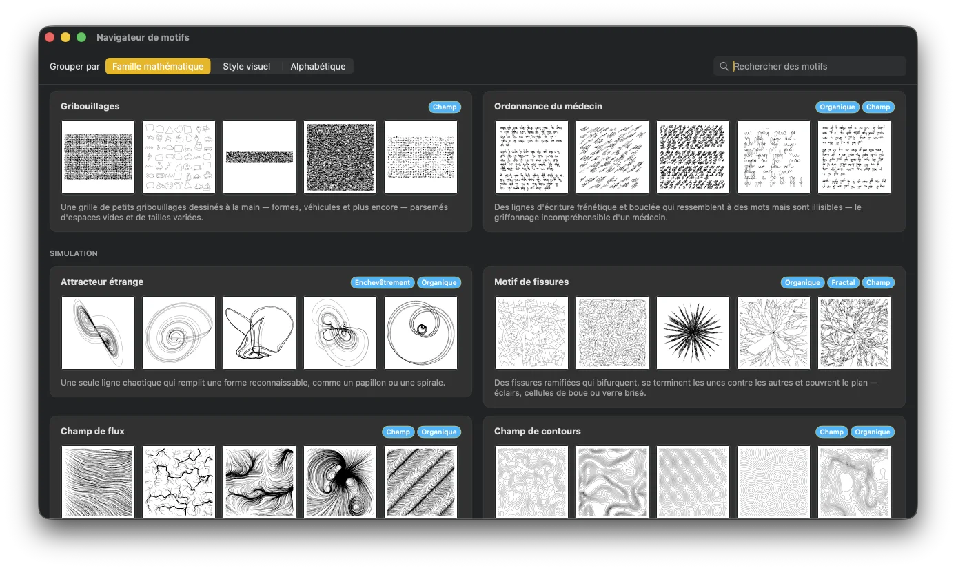 Une grille de motifs et de variations GD Studio, tous en traits nets