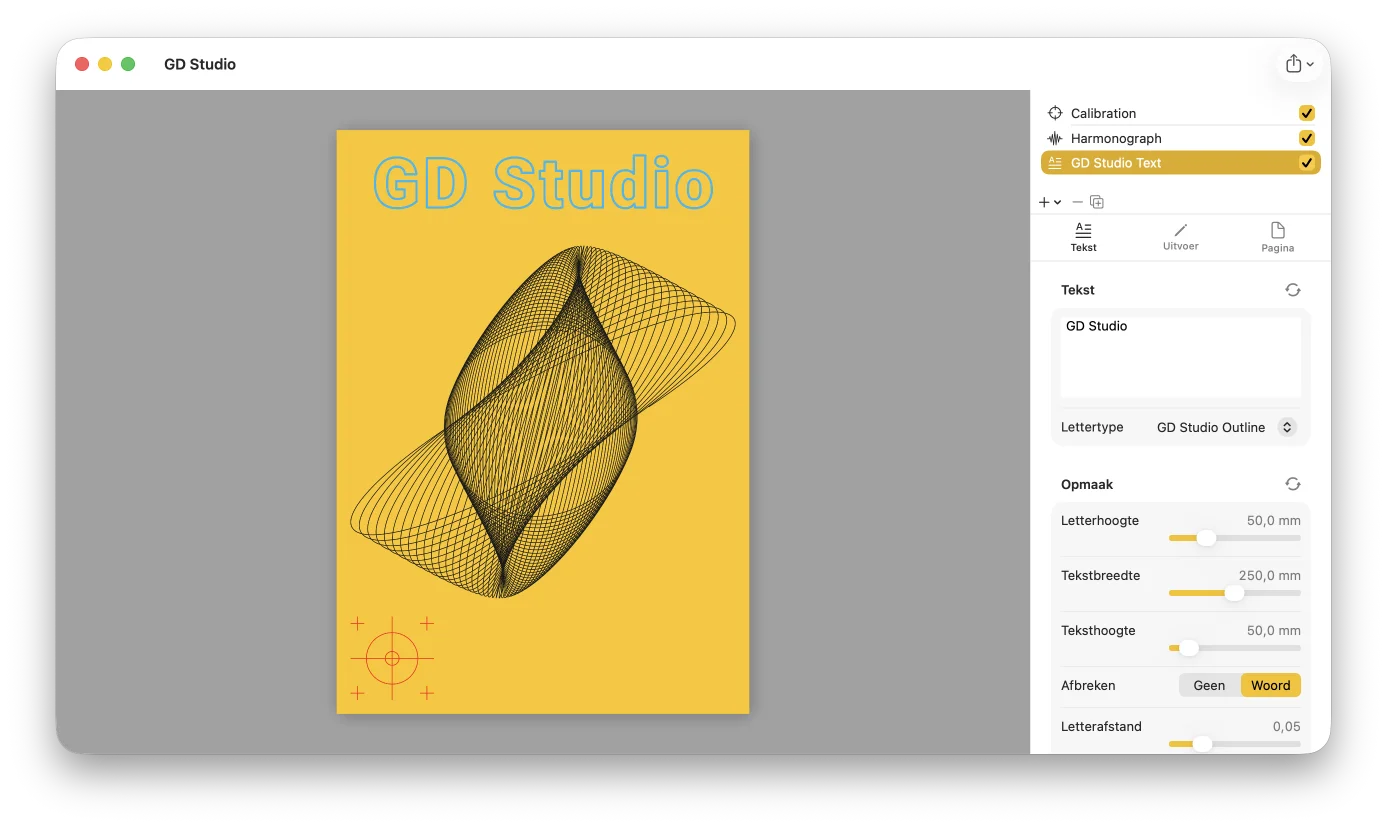 Een GD Studio-document dat een patroonlaag combineert met een tekstlaag en een geïmporteerd SVG-logo, allemaal als lijnwerk
