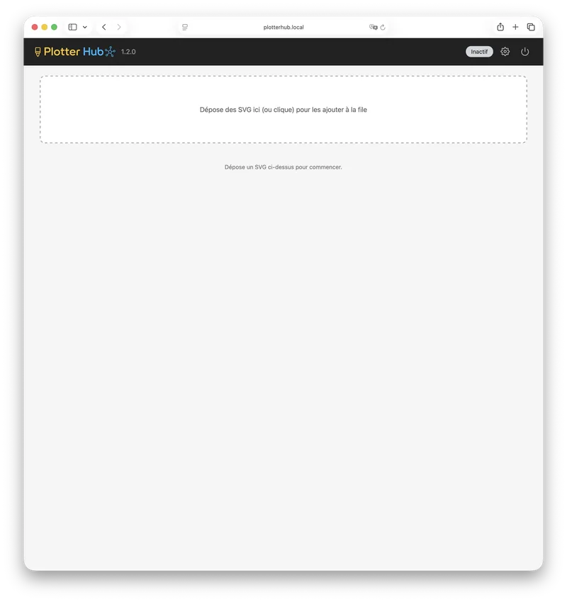 L’interface web vide de Plotter Hub, prête à recevoir un SVG