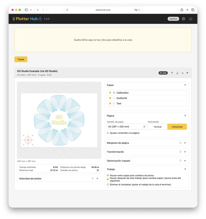 Un SVG cargado en Plotter Hub con su lista de capas, ajustes de papel y estimación previa al ploteo