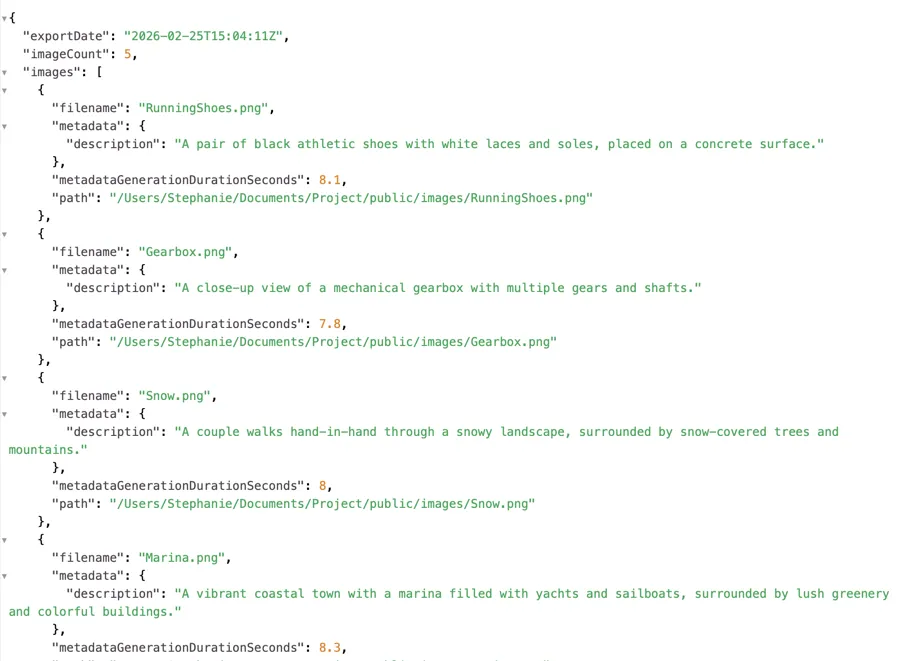 JSON export showing generated alt text mapped to image file paths