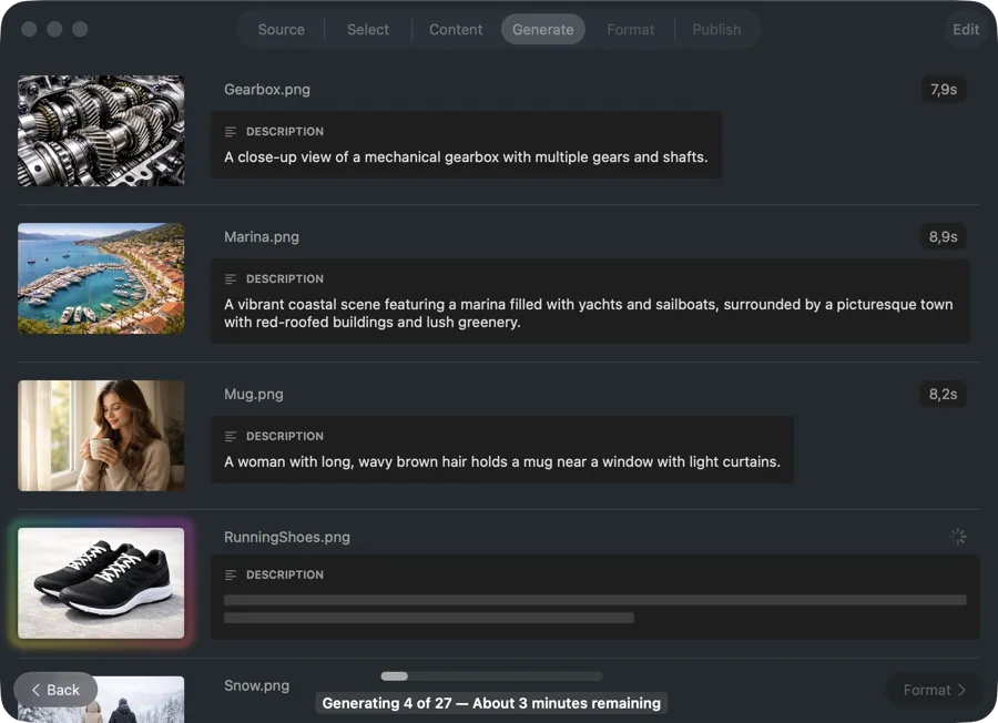 VisionTagger showing real-time alt text results streaming in during generation