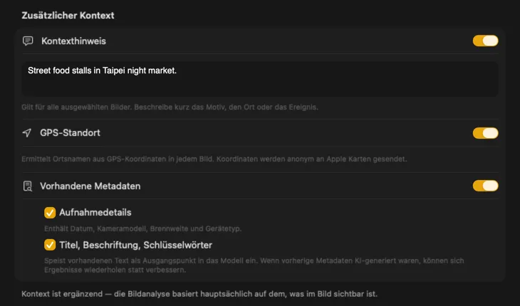 VisionTagger Additional Context-Bereich mit Kontextquellen