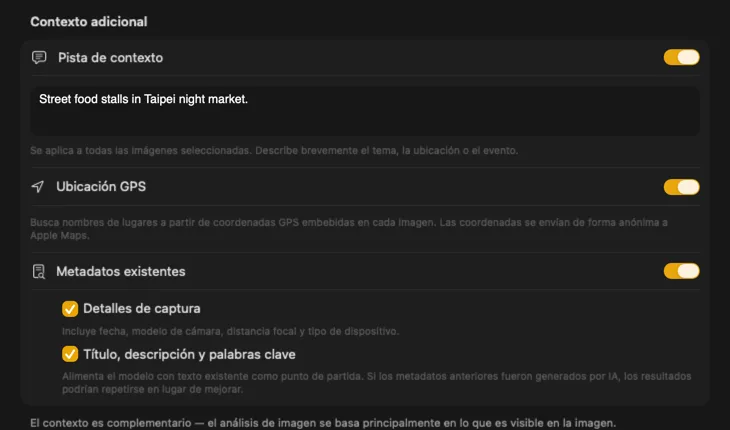 Panel Additional Context de VisionTagger mostrando fuentes de contexto