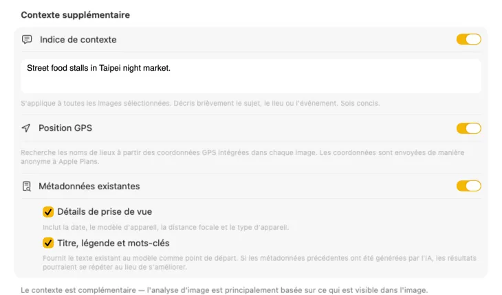 Panneau Additional Context de VisionTagger montrant les sources de contexte