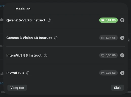 VisionTagger-interface voor het selecteren van een model