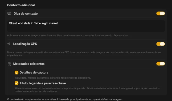 Painel Additional Context do VisionTagger mostrando fontes de contexto