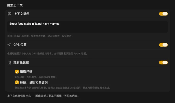 VisionTagger Additional Context 面板，显示上下文来源