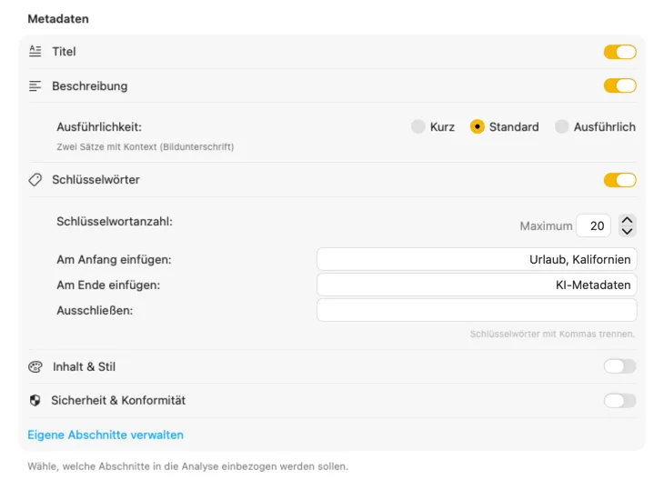 VisionTagger-Inhaltskonfiguration mit anpassbaren Metadaten-Sektionen und Feldern