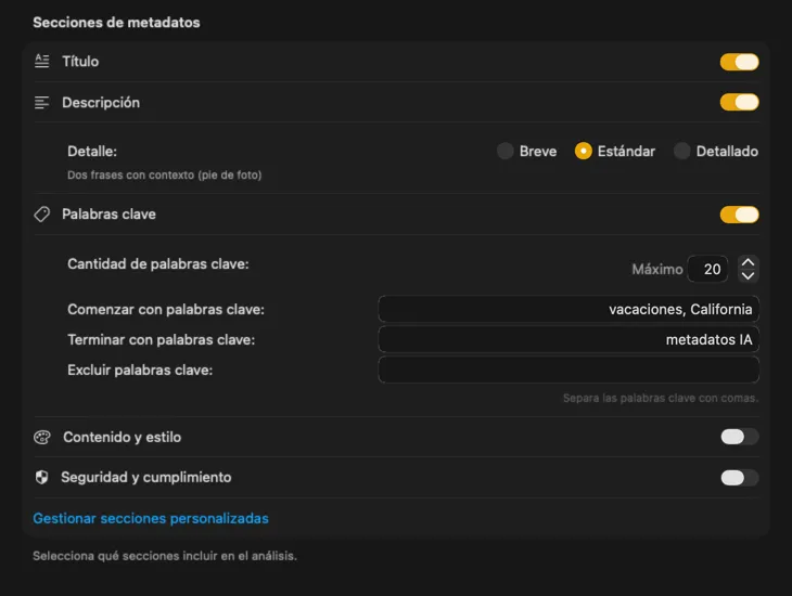 Configuración de contenido de VisionTagger mostrando secciones y campos de metadatos personalizables