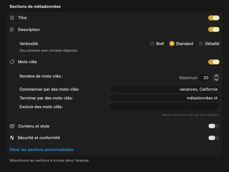 Configuration de contenu VisionTagger montrant des sections et champs de métadonnées personnalisables