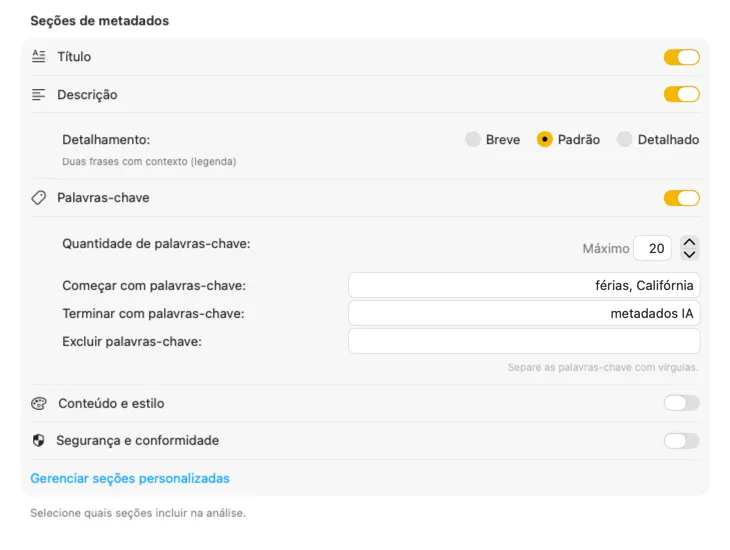 Configuração de conteúdo do VisionTagger a mostrar secções e campos de metadados personalizáveis