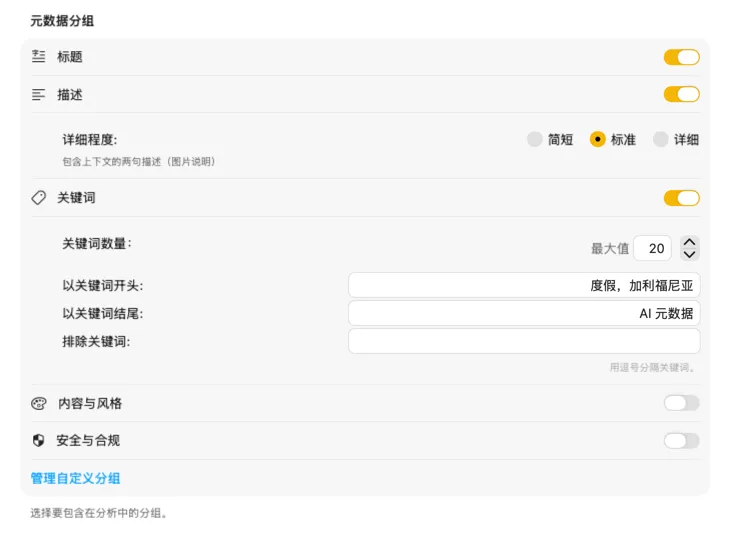 VisionTagger 的内容配置示例，展示可自定义的元数据分区与字段