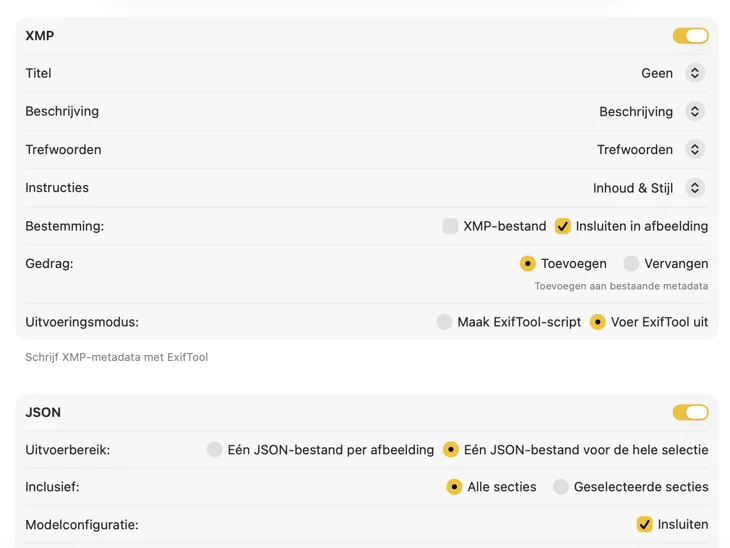 Voorbeeld van een VisionTagger publiceer configuratie