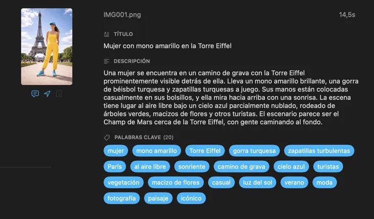 Metadatos generados por VisionTagger para una imagen usando IA local