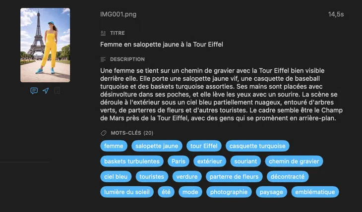 Métadonnées générées par VisionTagger pour une image avec une IA locale