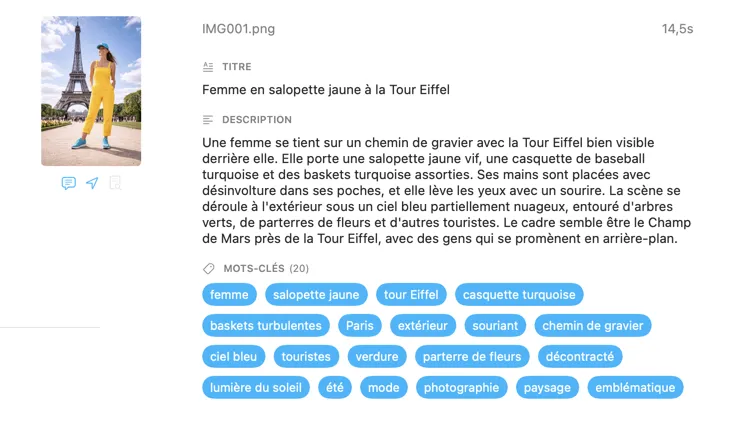 Métadonnées générées par VisionTagger pour une image avec une IA locale