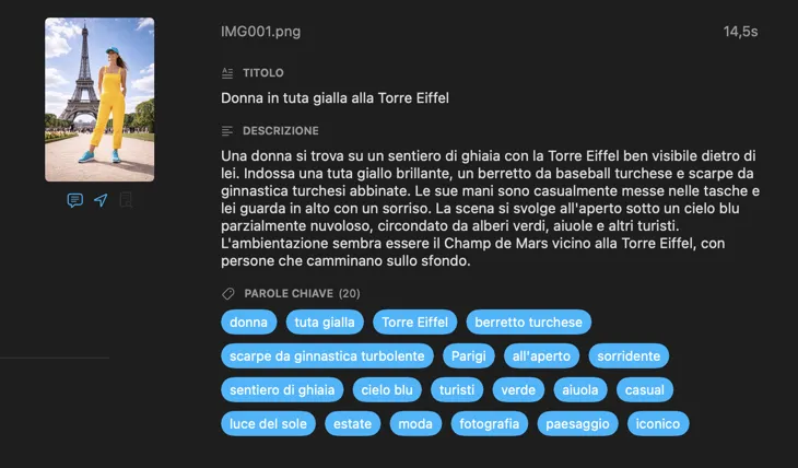 Metadati generati da VisionTagger per un’immagine usando IA locale
