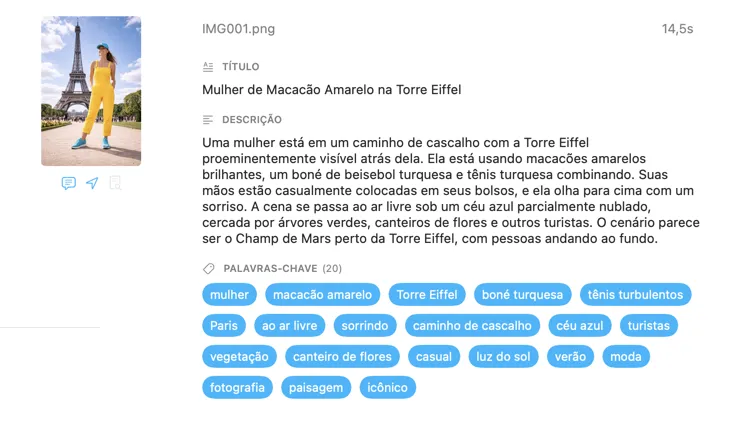 Metadados gerados pelo VisionTagger para uma imagem usando IA local