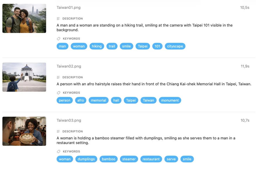 VisionTagger showing a batch of photos with generated descriptions and keywords