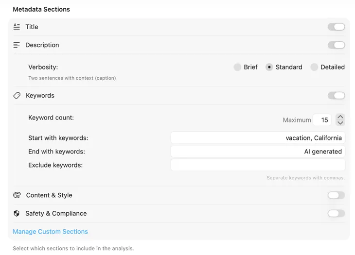 VisionTagger metadata schema configuration with custom metadata section