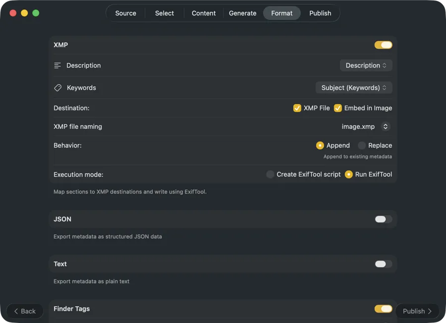 VisionTagger export options showing XMP, JSON, CSV and TXT output, and Finder tags