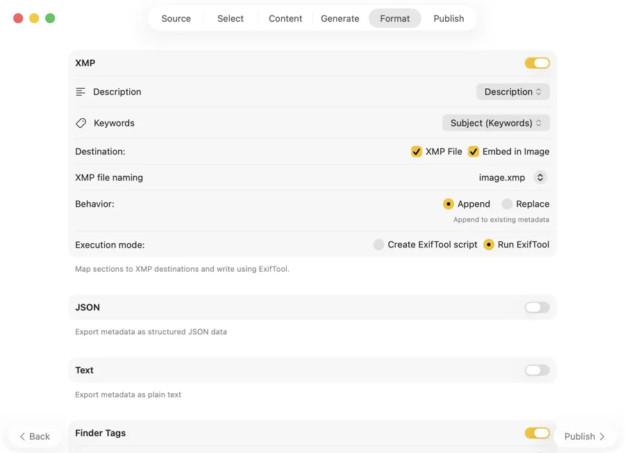 VisionTagger export options showing XMP, JSON, CSV and TXT output, and Finder tags