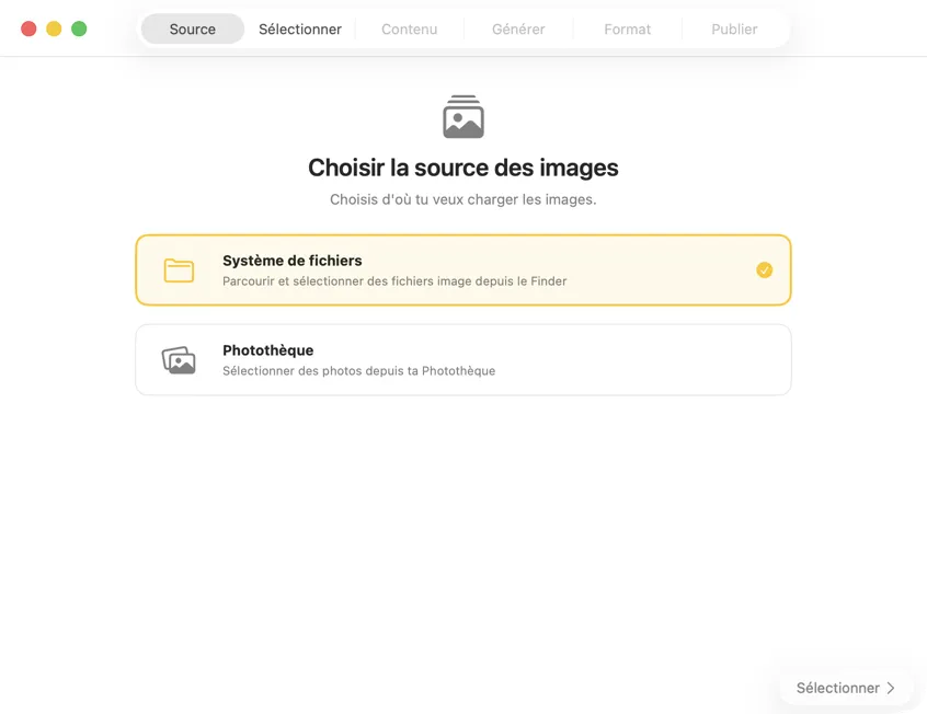 Sélectionner la source des images