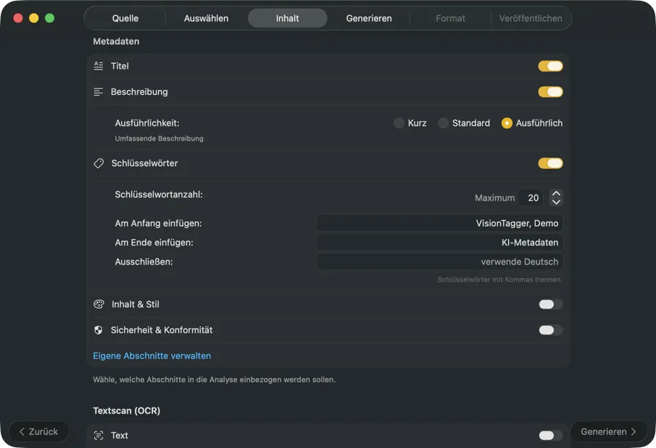 Metadaten-Inhalt konfigurieren