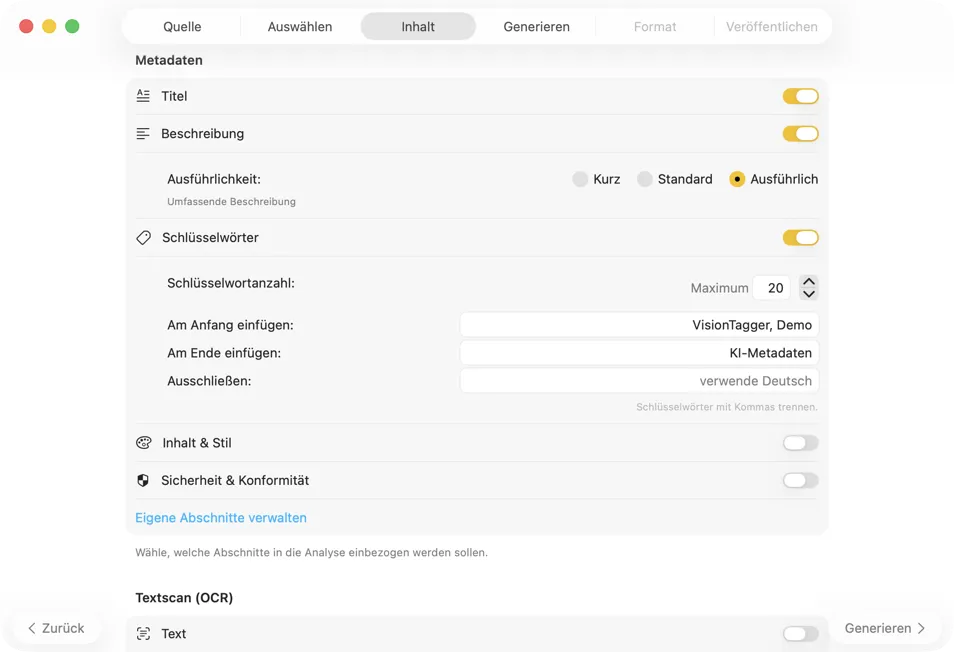 Metadaten-Inhalt konfigurieren