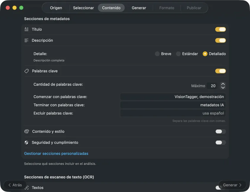 Configurar el contenido de metadatos