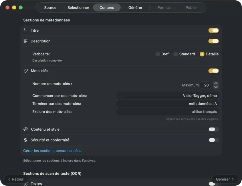 Configurer le contenu des métadonnées