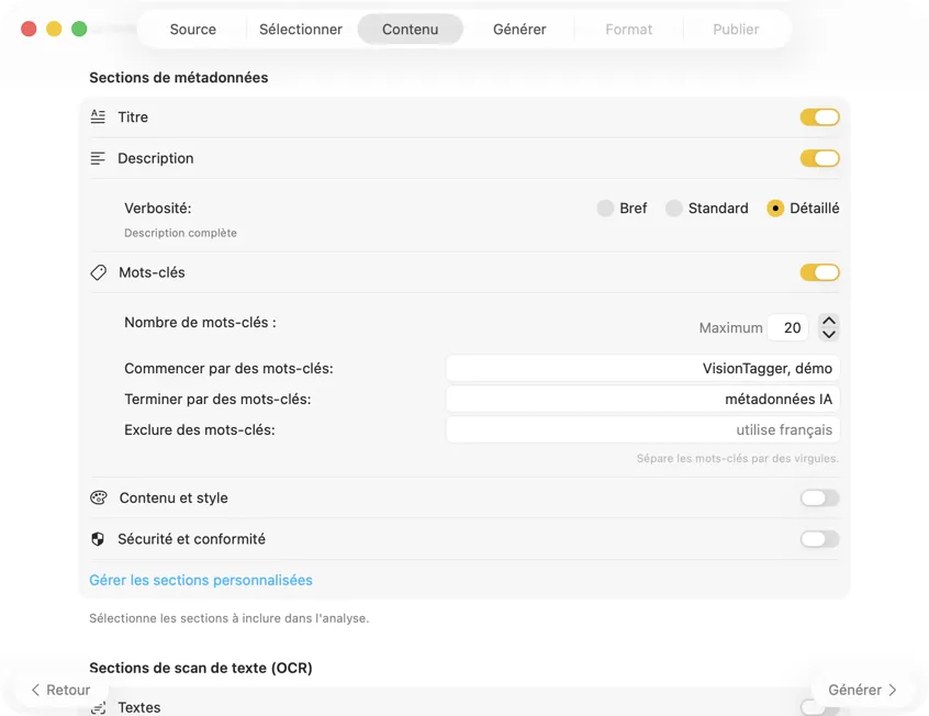Configurer le contenu des métadonnées