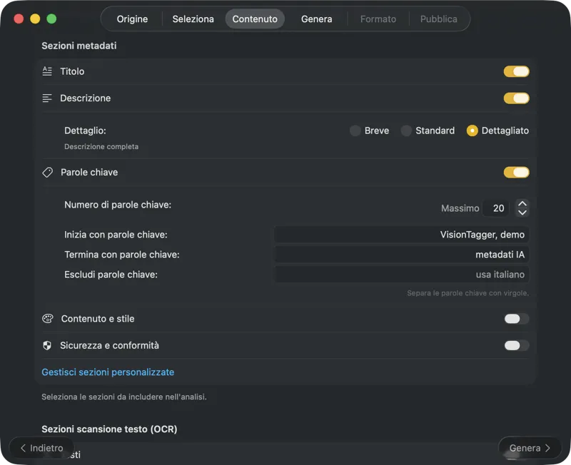 Configura i contenuti dei metadati